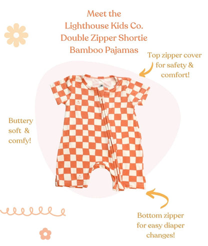 Bamboo Baby Pajamas - Double Zipper - Shorties - Checkers