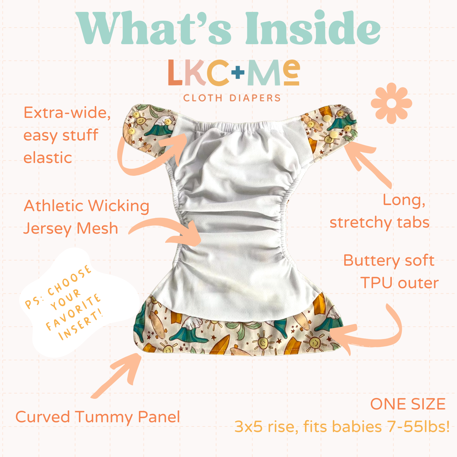 Cloth Diapers Lighthouse Kids Co. modern pocket cloth diapers have athletic wicking jersey, AWJ one size diapers from 7-55lbs.  Tummy panel for belly sleepers.  Fun prints and colors.